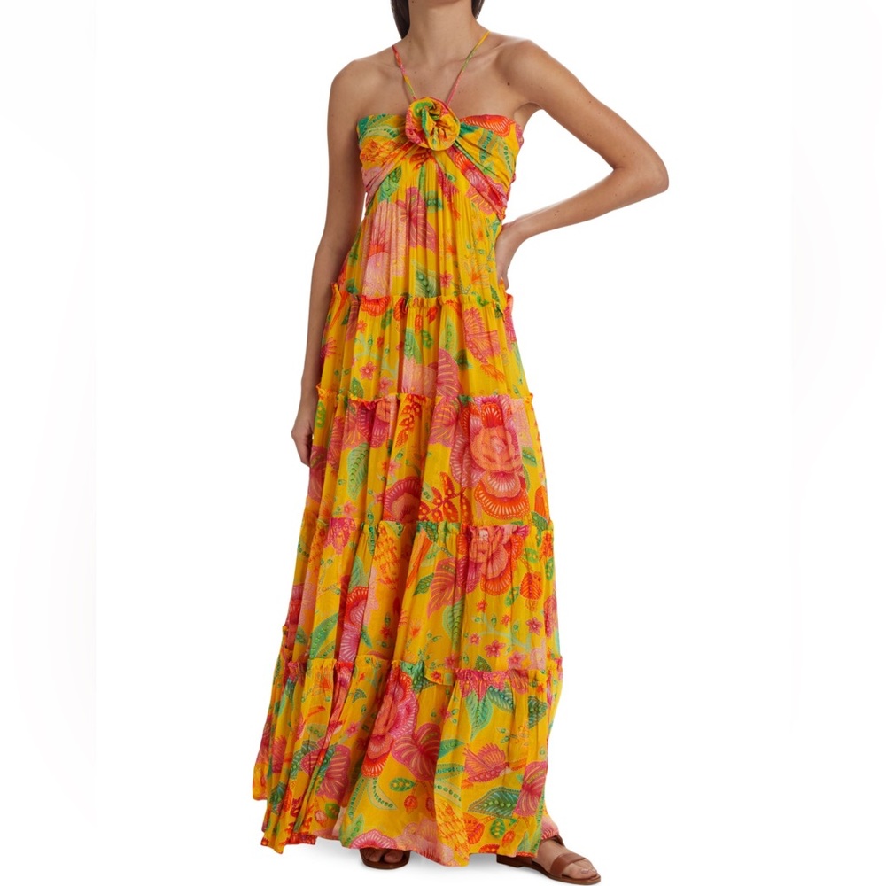 Farm Rio Macaw Bloom Rosette Maxi Dress (Yellow Floral Maxi Dress)